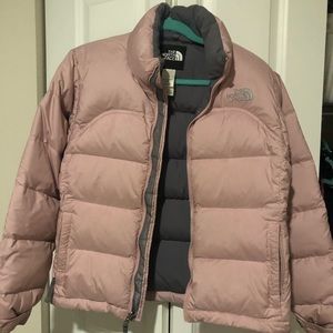 Pink North Face puffer coat